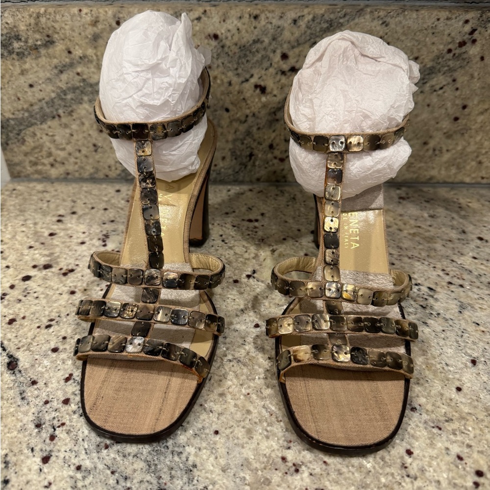 Bottega Veneta Canvas Beaded Accents T-Strap Sandals size 6B